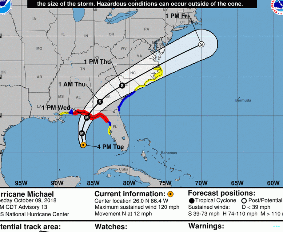 5 مساءً  Tuesday forecast track for Hurricane Michael.