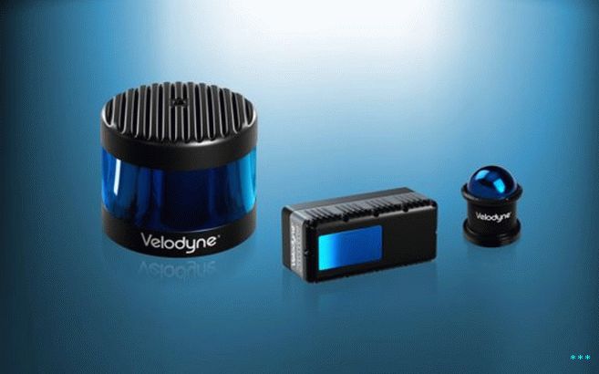Three Velodyne products: the Alpha Puck, Velarray, and Veladome.