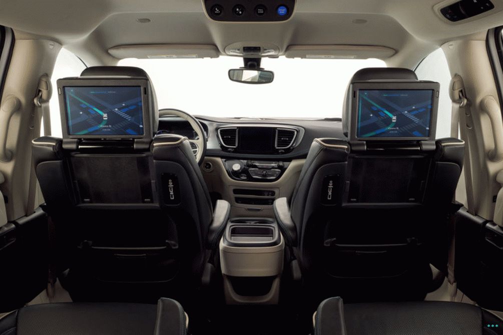 The interior of one of the self-driving Pacifica Hybrids.