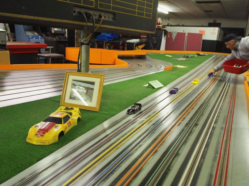 One of the race tracks at Buzz-A-Rama, NYC's last remaining dedicated slot car racing track.