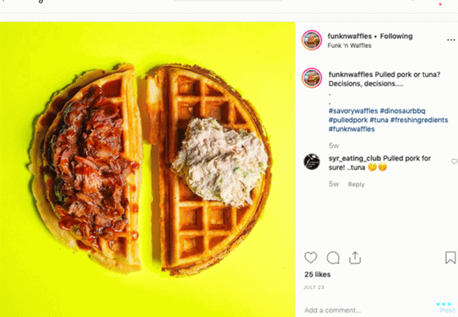 Waffle inspiration can come from anywhere—in this case, Syracuse, نيويورك.  Beloved cafe Funk n' Waffles offers your choice of savory waffles, such as pulled pork- or tuna-topped.