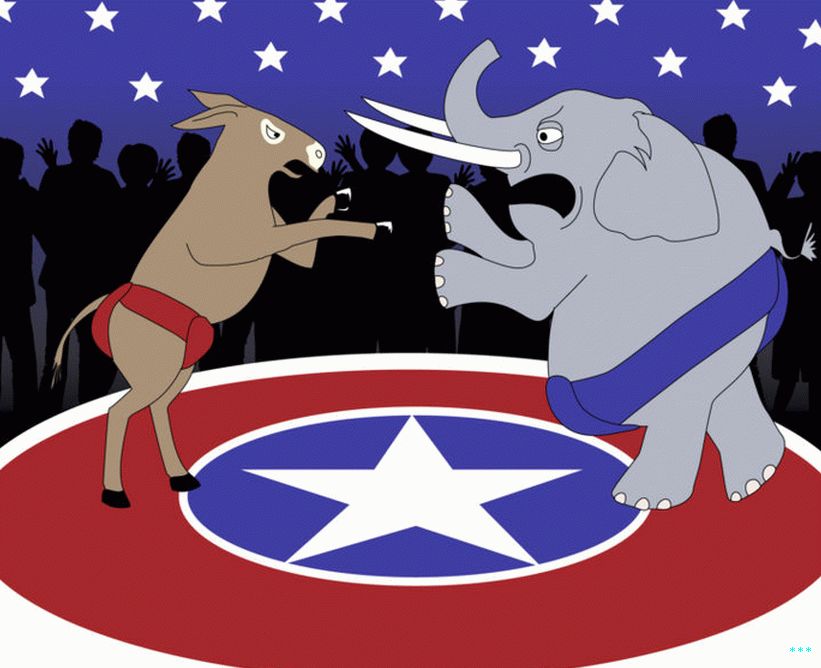 رسم معركة بين حمار وفيل ، يمثل الديمقراطيين والجمهوريين.