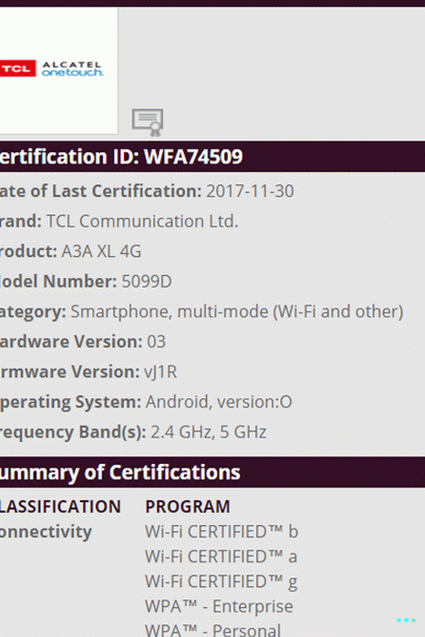 Alcatel A3A XL Wi-Fi Alliance