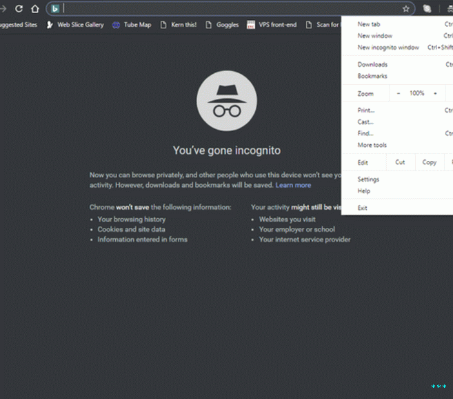 Incognito mode is also dark, but it's much less extensive. هذا  يحتفظ بقوائم خفيفة ، على سبيل المثال. 