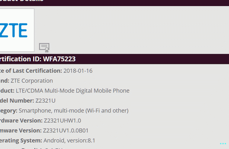 شهادة تحالف ZTE 4Z2321U Wi-Fi Alliance