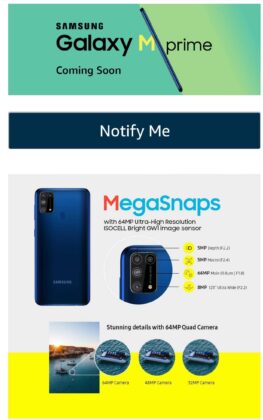 قريباً Samsung Galaxy M31 Prime بكاميرات خلفية رباعية بدقة 64 ميجابكسل