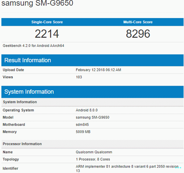 Samsung Galaxy S9 Geekbenc Snapdragon 845